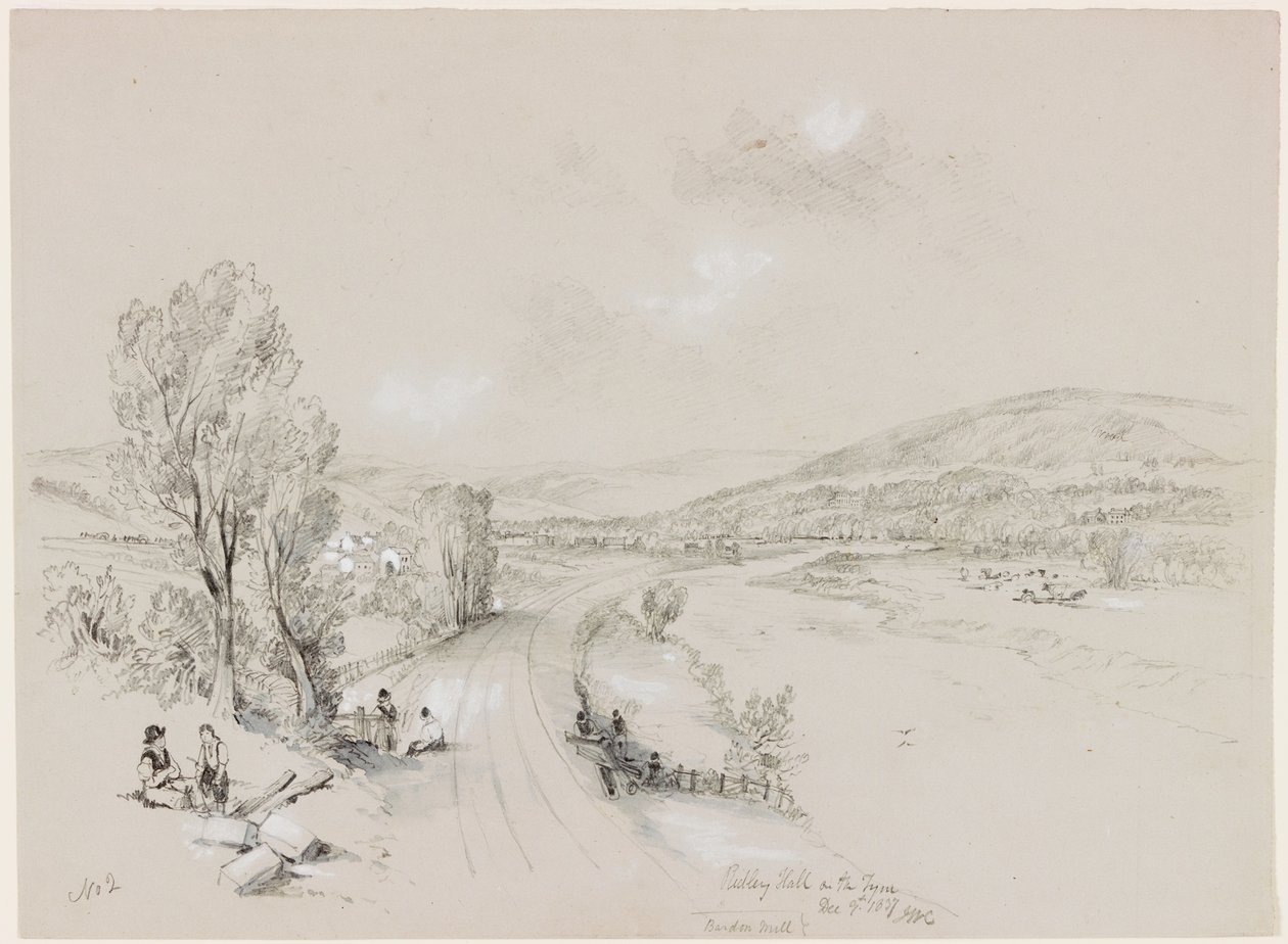Ridley Hall, Bardon Mill, 1837 (bc og blyant på papir) af John Wilson Carmichael