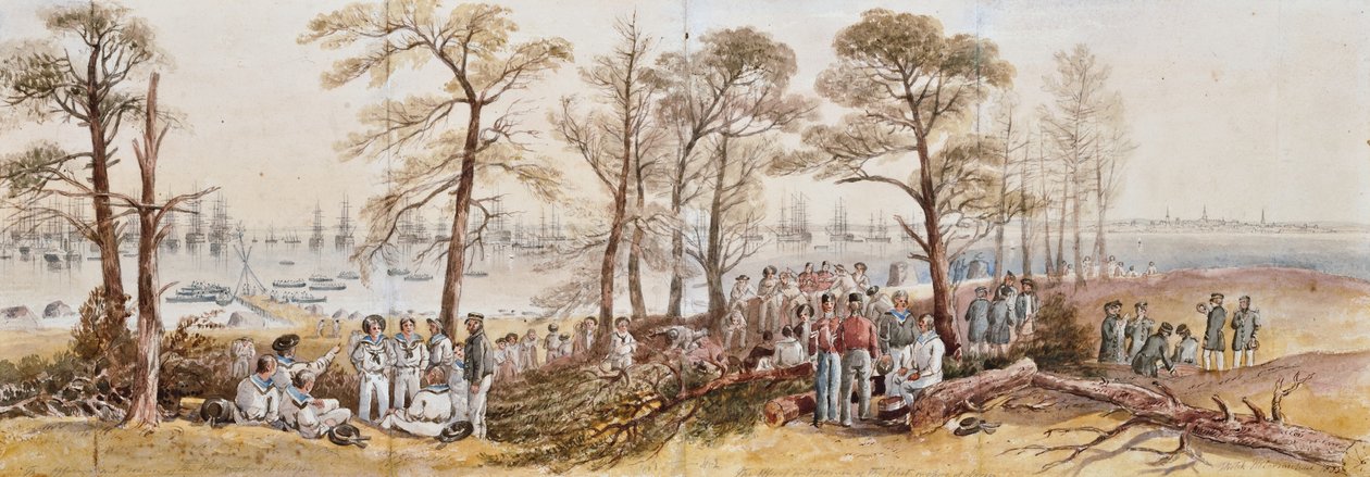 Flådens officerer og sømænd på land ved Nargen, 1855 af John Wilson Carmichael