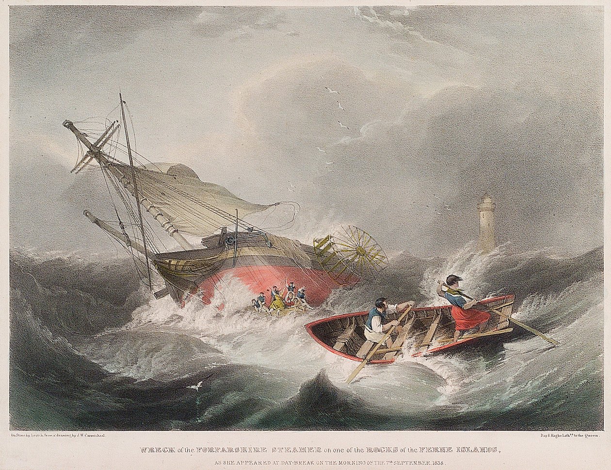 Forliset af dampskibet Forfarshire på klipperne ved Farneøerne (England), som det så ud ved solopgang den 7. september. af John Wilson Carmichael