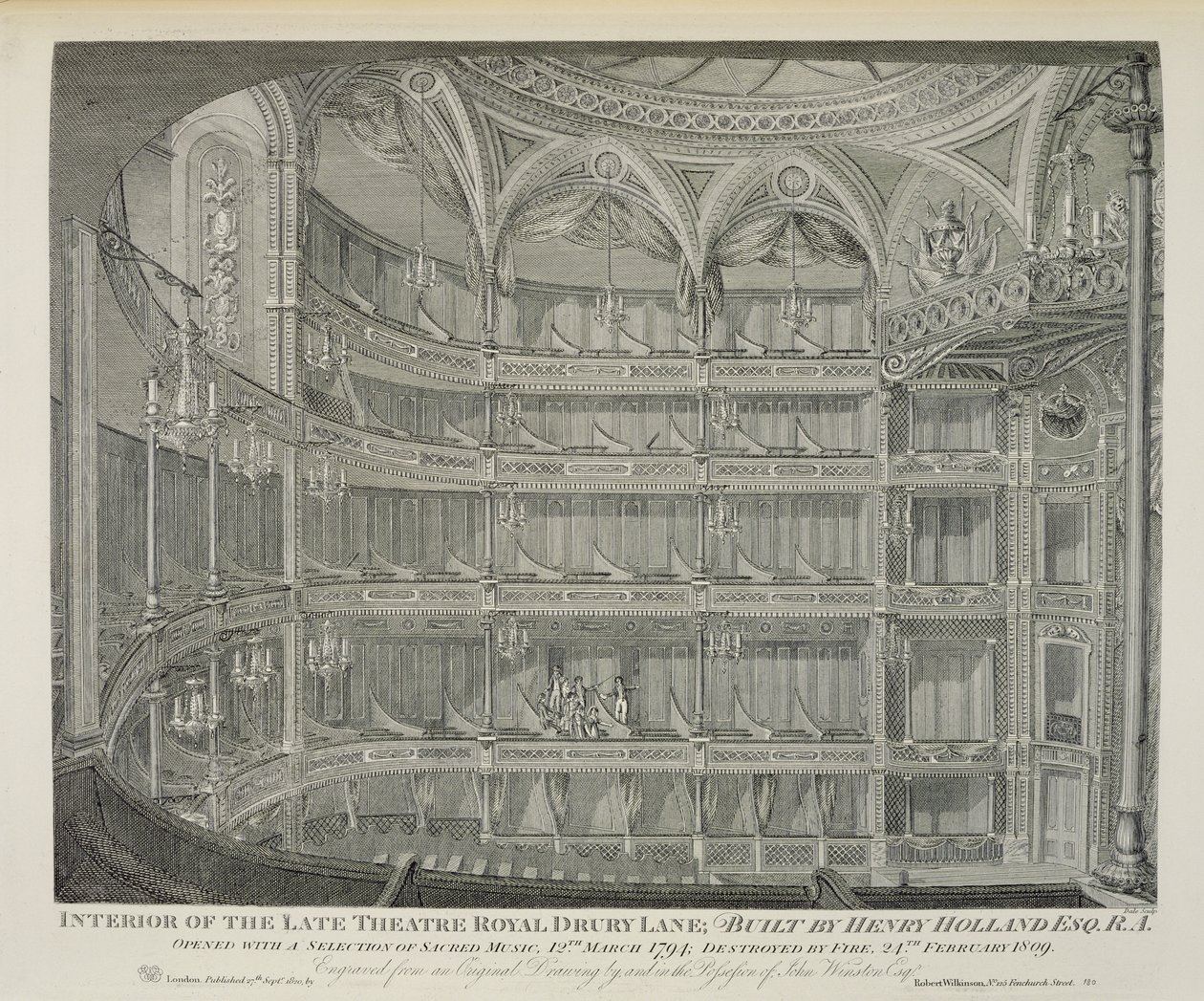 Interiør af Late Theatre Royal, Drury Lane, i London, bygget af Henry Holland, 1794, ødelagt af brand i 1809, indgraveret af Dale, 1820 af John Winston