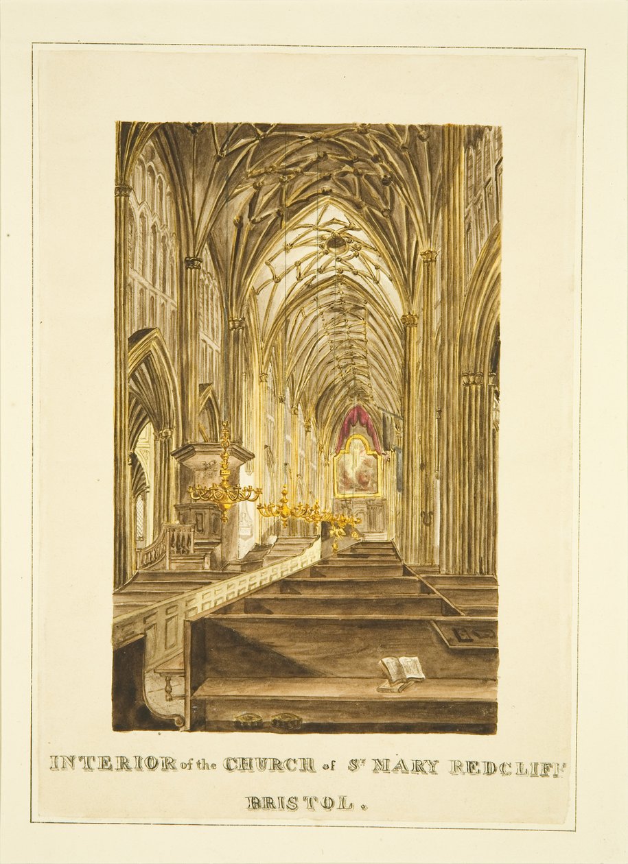 Udsigt over Center Aisle of St Mary Redcliffe, ser mod øst, viser Hogarth altertavlen, ca. 1824 (blyant og akvarel på papir) af John Withers