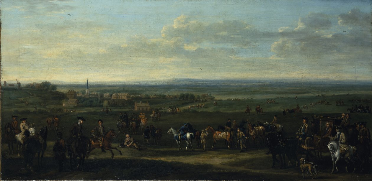 Et billede af Old Newmarket med figurer og heste på heden (olie på lærred) af John Wootton