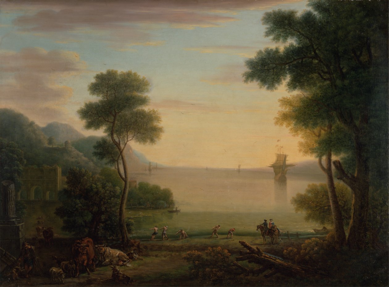 Klassisk landskab med figurer og dyr: Solnedgang af John Wootton