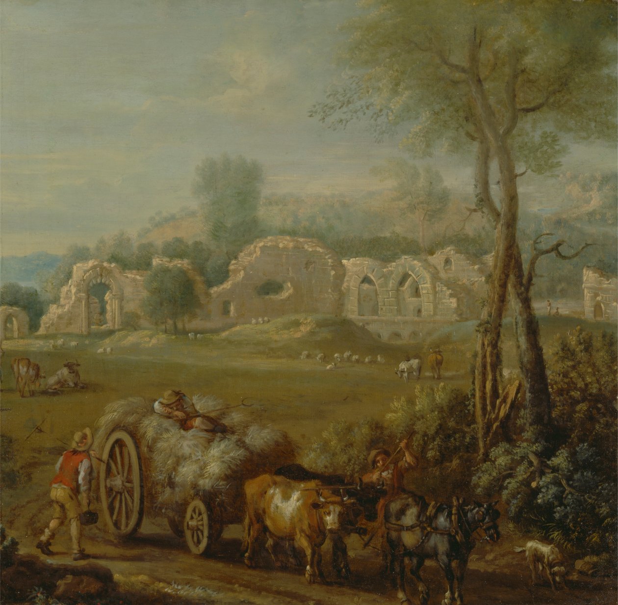 Høvogn passerer et ødelagt kloster af John Wootton