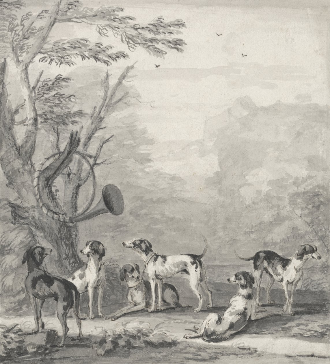 Hunde i et landskab (grafit, kuglepen, brun blæk og grå vask) af John Wootton
