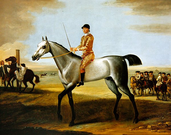 Hertugen af Rutlands berømte grå væddeløbshest Coneyskins med jockey oppe på Newmarket Heath (olie på lærred) af John Wootton
