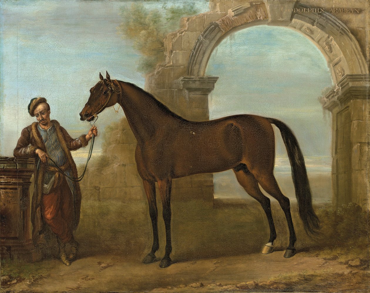 Godolphin Arabien, holdt af en brudgom, i et landskab med en ødelagt bue, 1731 af John Wootton