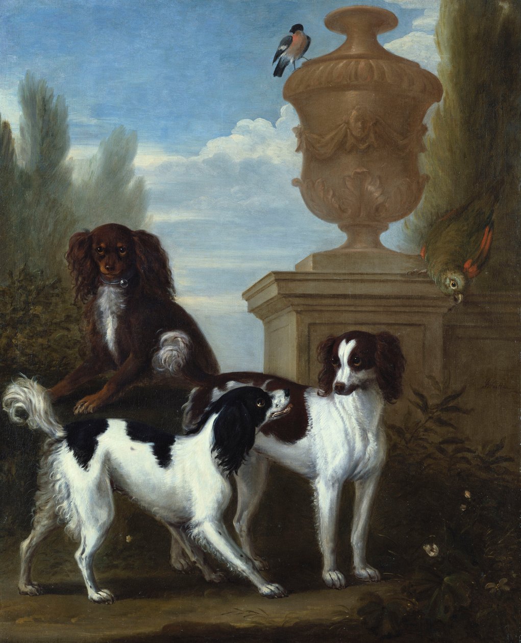 Tre spaniels ved en urne i et skovklædt landskab af John Wootton
