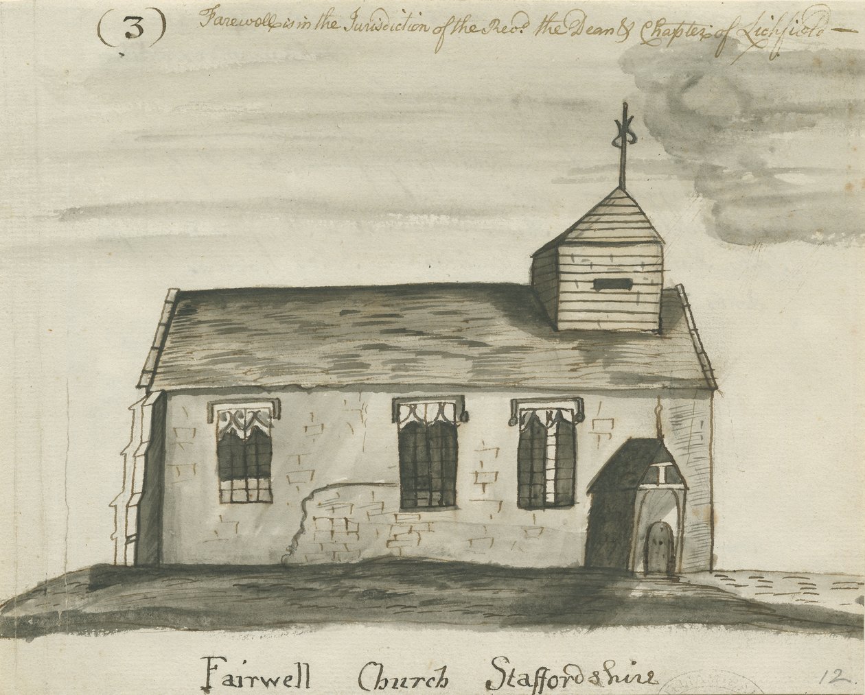 Farvel Church: pen og vask sepia tegning, og [c 1780] af John Wright