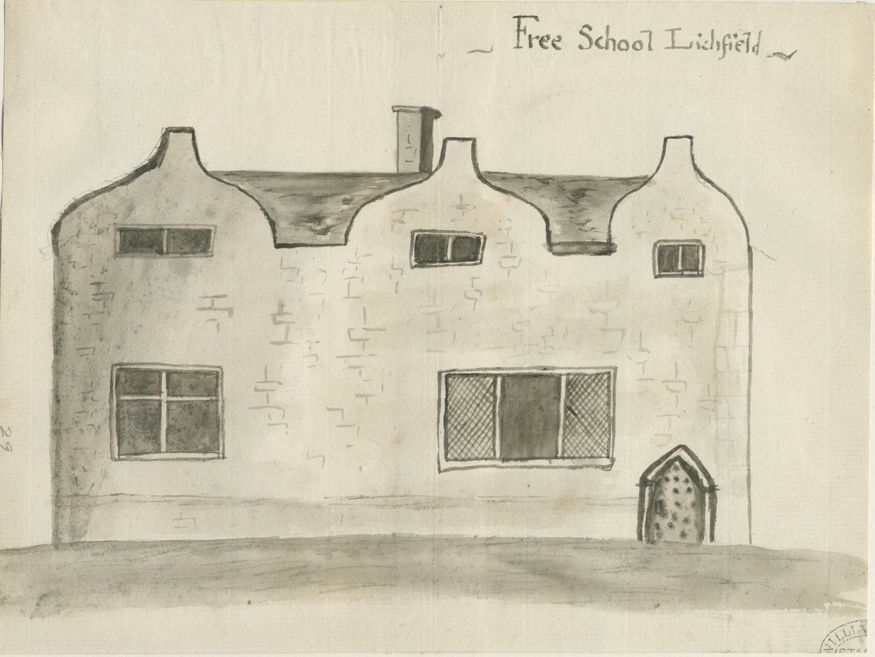 Lichfield - Grammar School: sepia vask tegning, nd [1784] (tegning) af John Wright