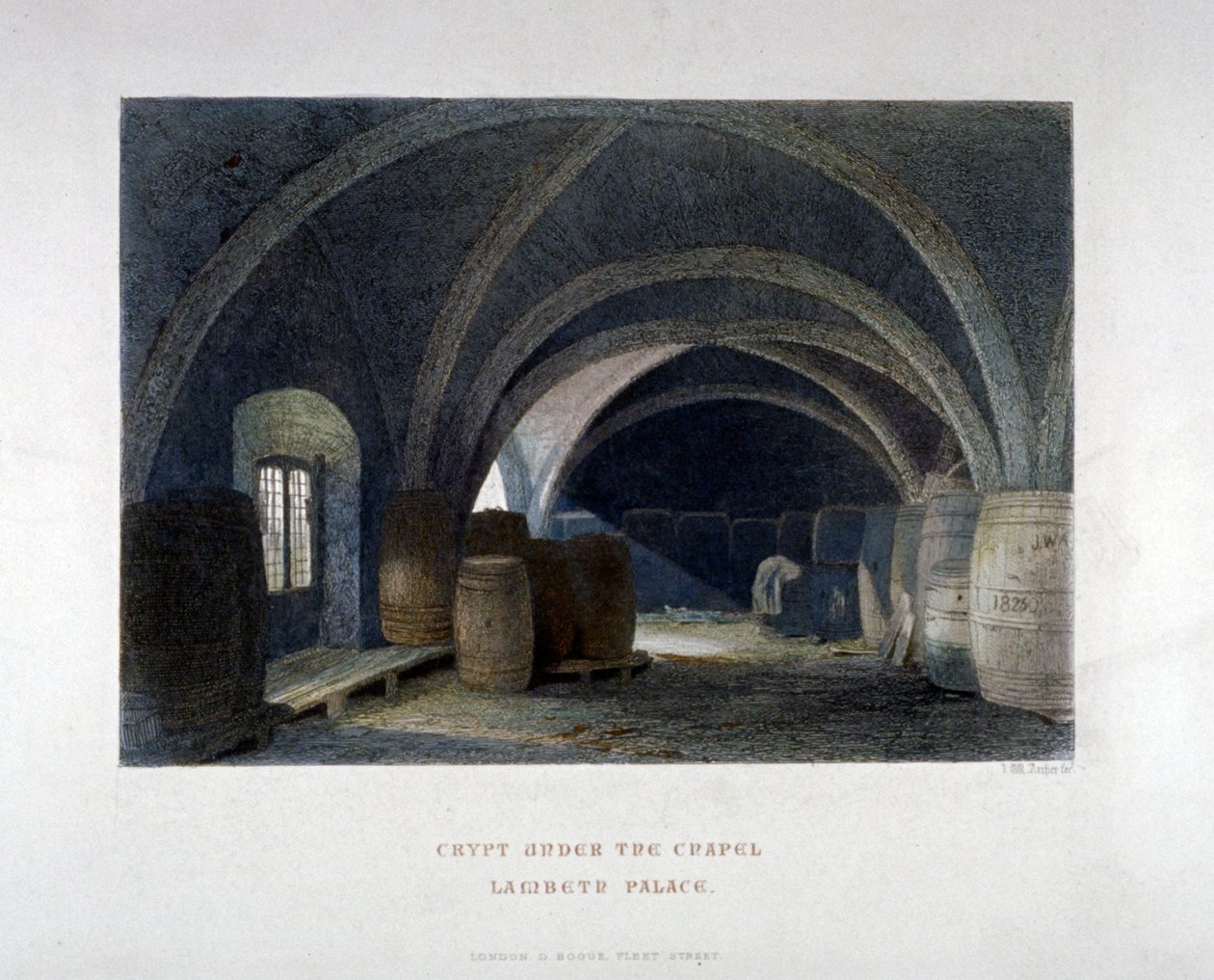 Krypten fyldt med tønder under kapellet ved Lambeth Palace, London, 1851. af John Wykeham Archer