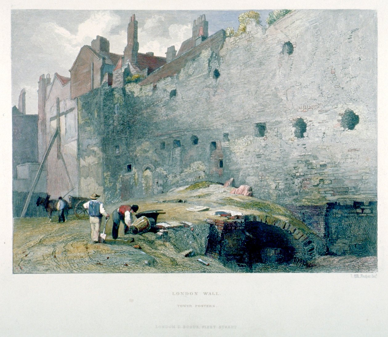 Udsigt over Tower Postern og London-muren med mænd, der graver, City of London, 1851 af John Wykeham Archer