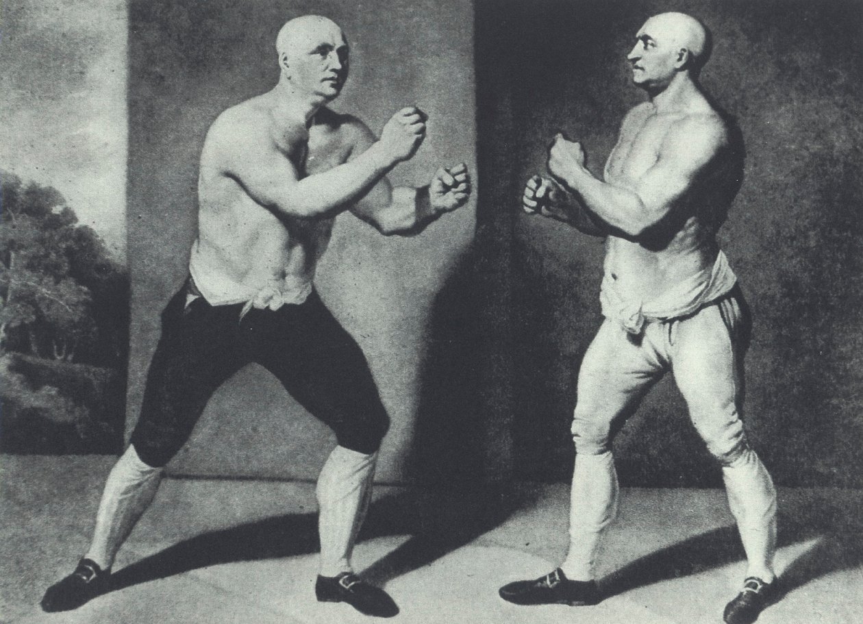 Tidlige britiske barefist-boksere, John Broughton (til venstre) og George Stevenson kæmper i 1741: Broughton opfandt boksehandsken (mezzotint) af John Young