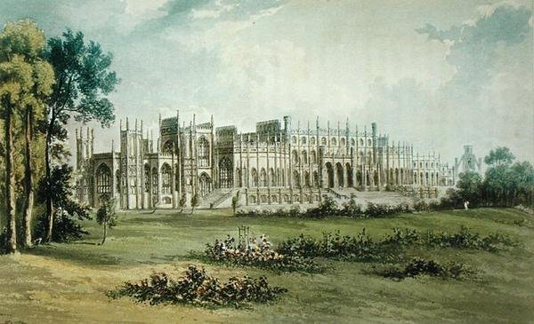 Eaton Hall, West of Garden Front, fra Ackermanns Repository of Arts, udgivet ca. 1826 (se også 182260) af John after Gendall