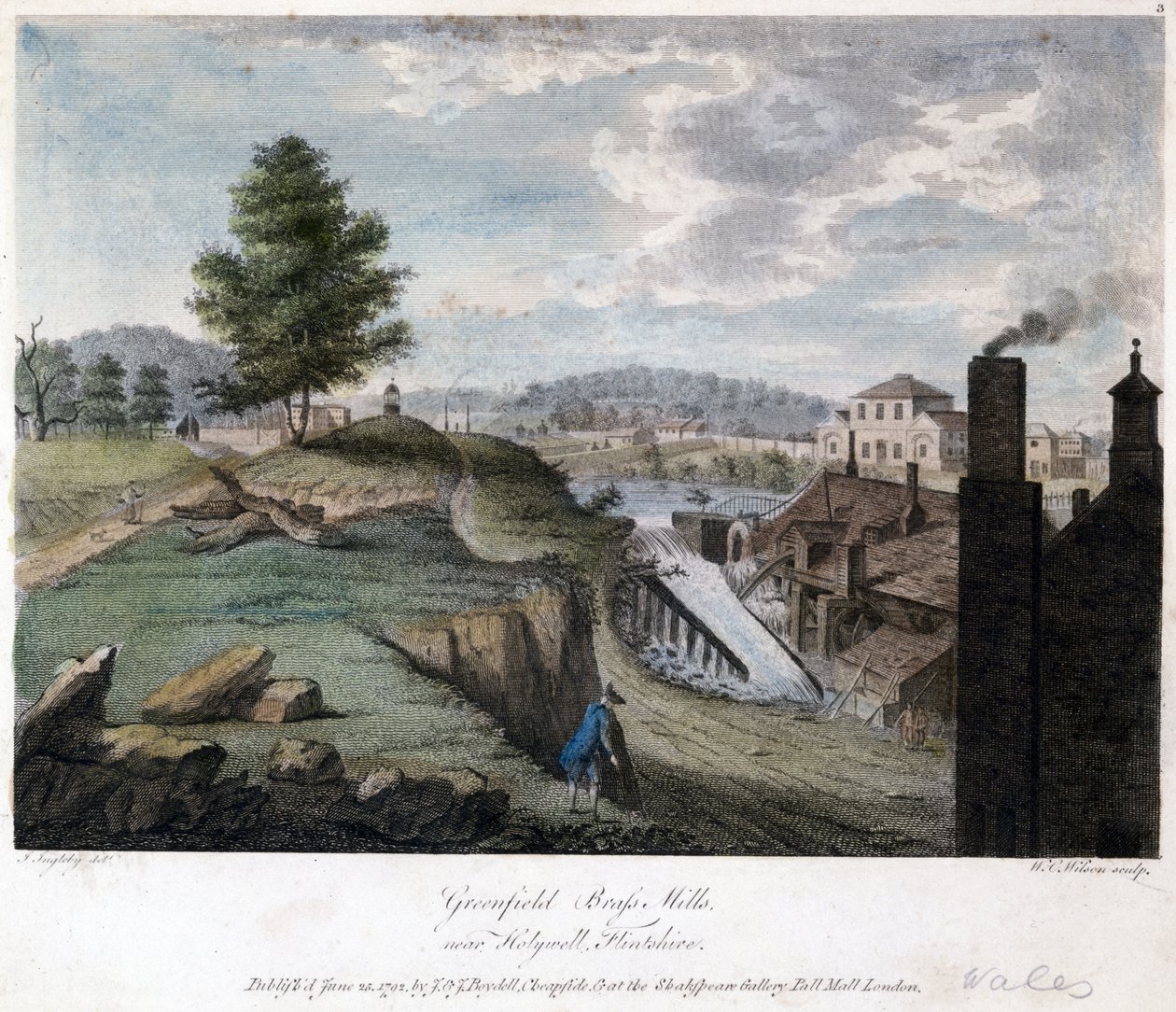 Greenfield Brass Mills, nær Holywell, Flintshire, indgraveret af W.C. Wilson, ca. 1792 af John after Ingleby