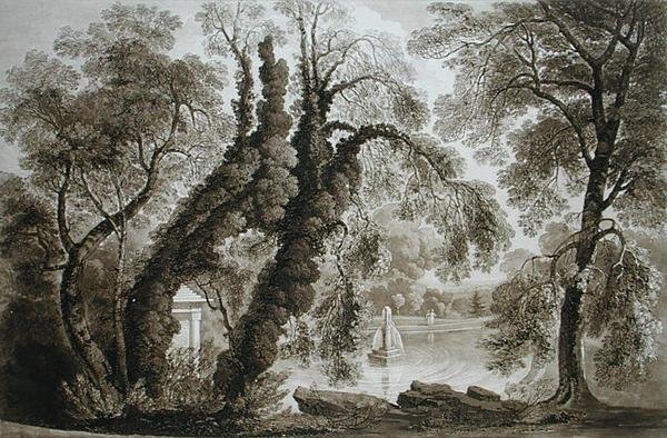 Udsigt over tempelfontænen fra den modsatte side, Sezincote, indgraveret af Frederick Christian Lewis Snr. (1779-1856), ca. 1817-18 (sepiaakvatint) (se også 171661) af John after Martin