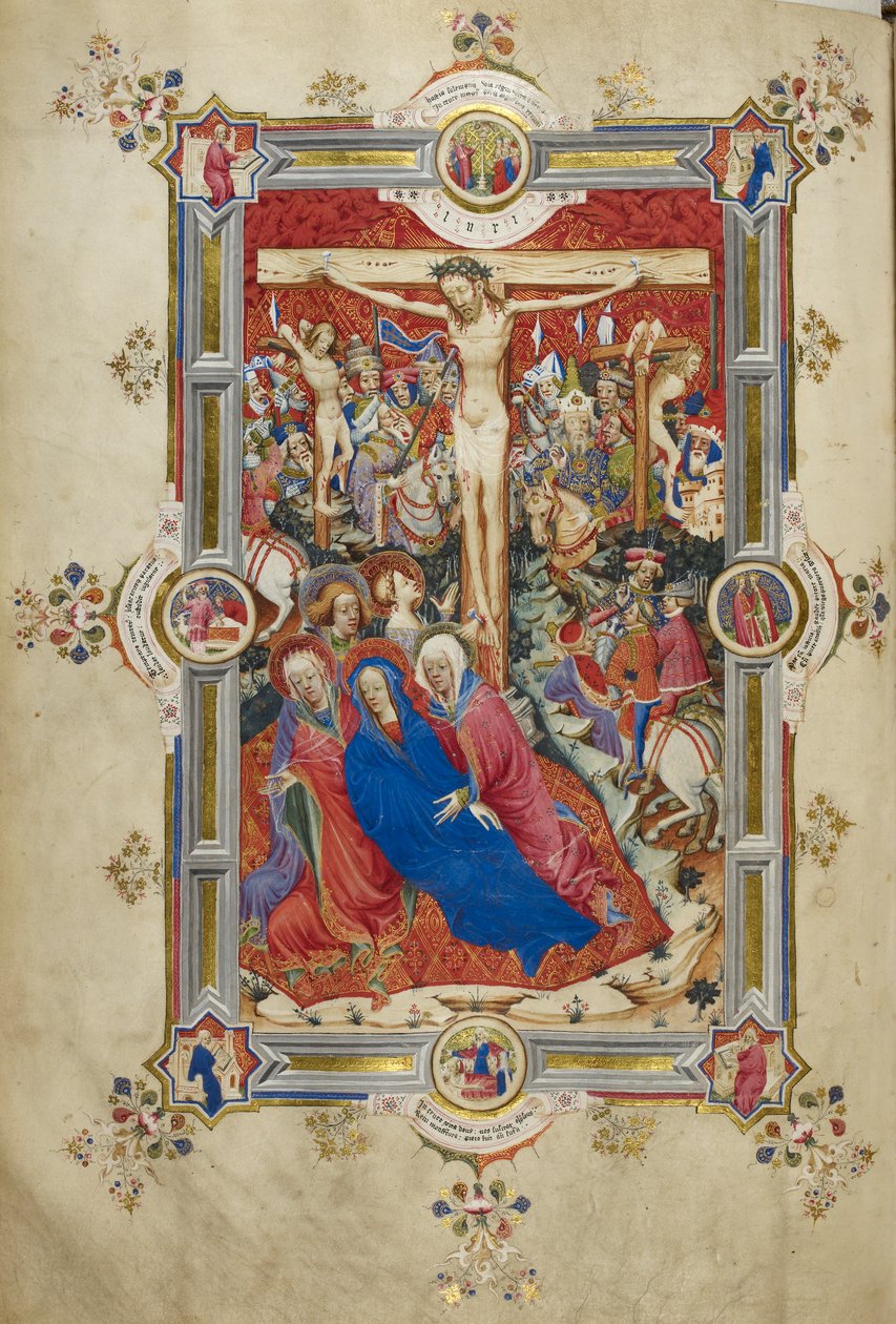 Korsfæstelsen, der introducerer messens kanon. Kristus på korset, flankeret af tyve, besvimende Jomfru støttet af kvinder og St. John, Magdalene ved foden af korset. Skare af monterede tilskuere i moderne kjole, inklusive Longinus, med engle ovenover af John and Siferwas John (fl. 1380–1421 Whas