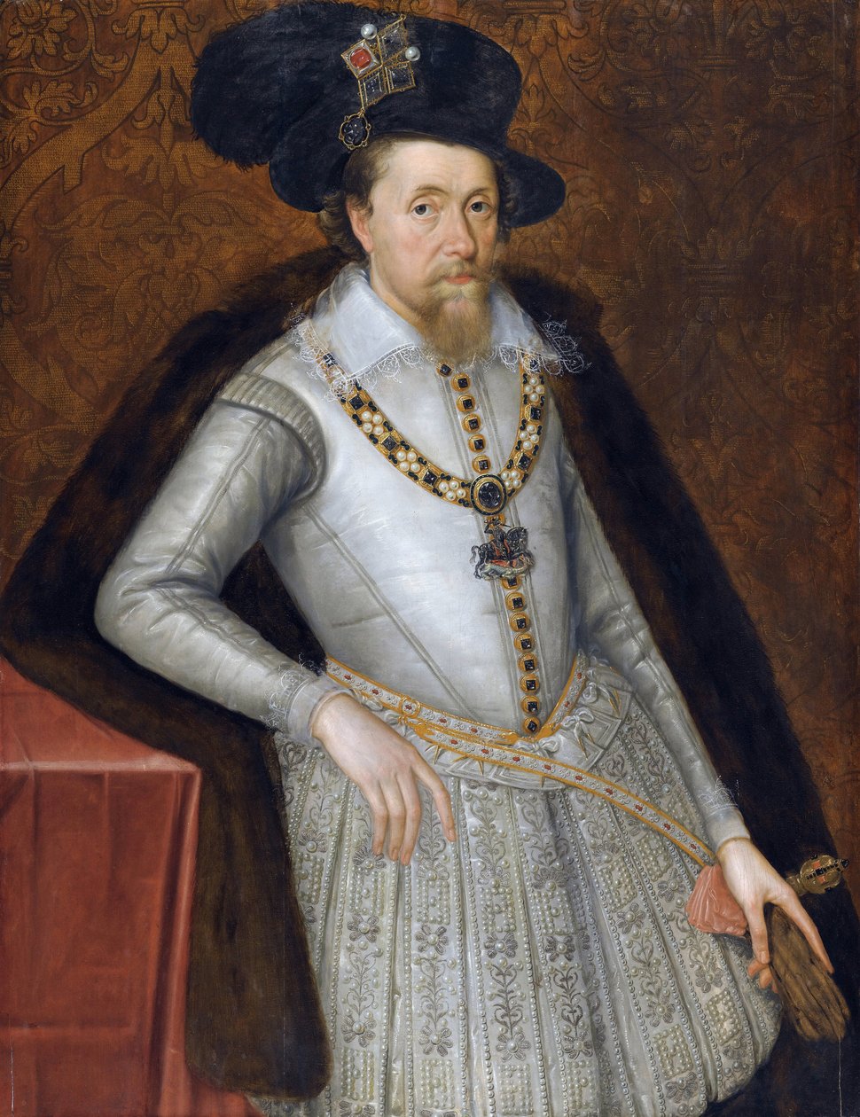 Jacques VI et Ier - Jacques Stuart - Portræt af kong James I af England (1566-1625) af John De Critz (Decritz), den ældre (1551/2-1642), Tidligt i det 17. - Olie på træ af John de Critz