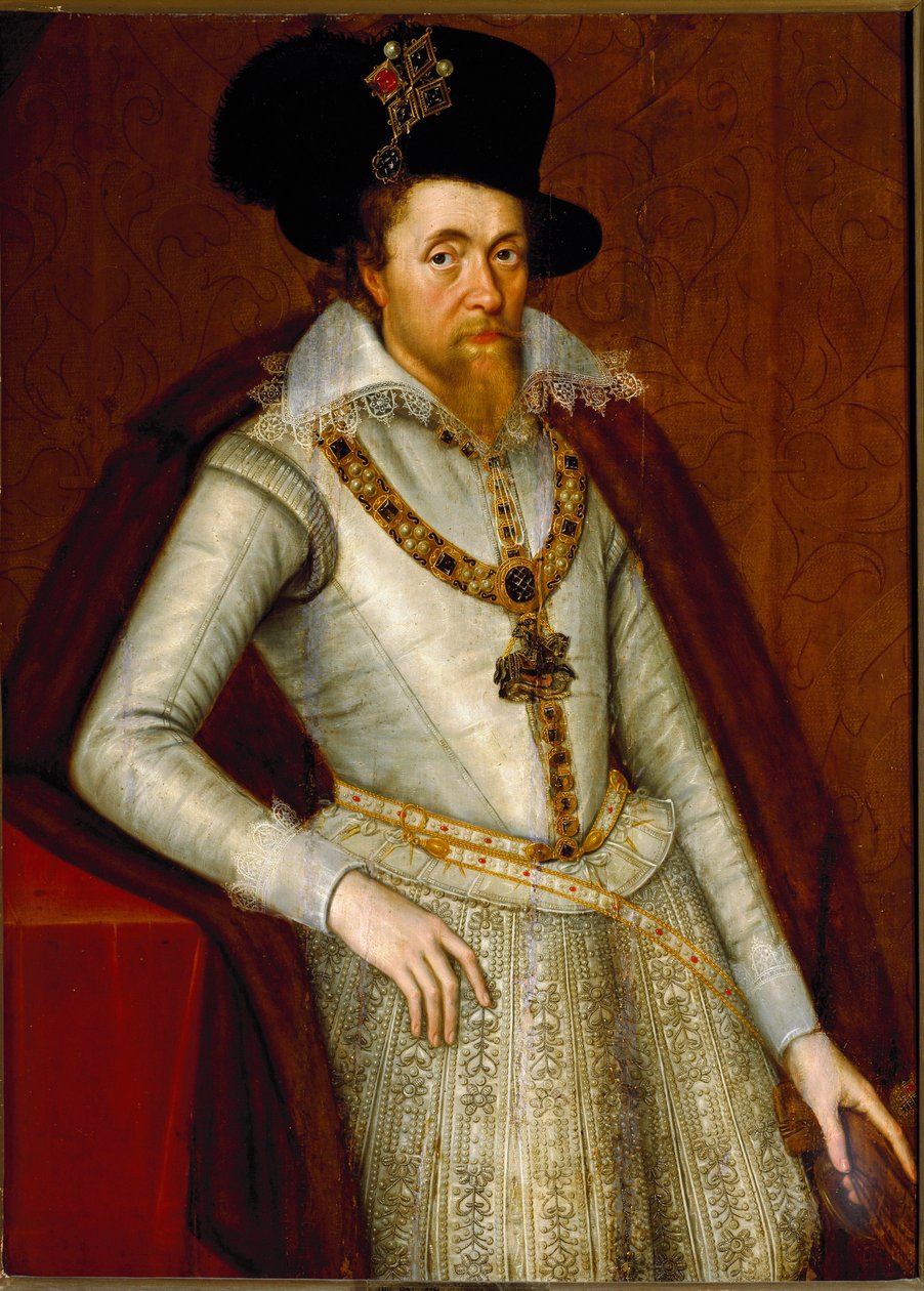 Portræt af James I af England og VI af Skotland, Knights of the Order of the Garter, ca. 1610 (maleri) af John de Critz