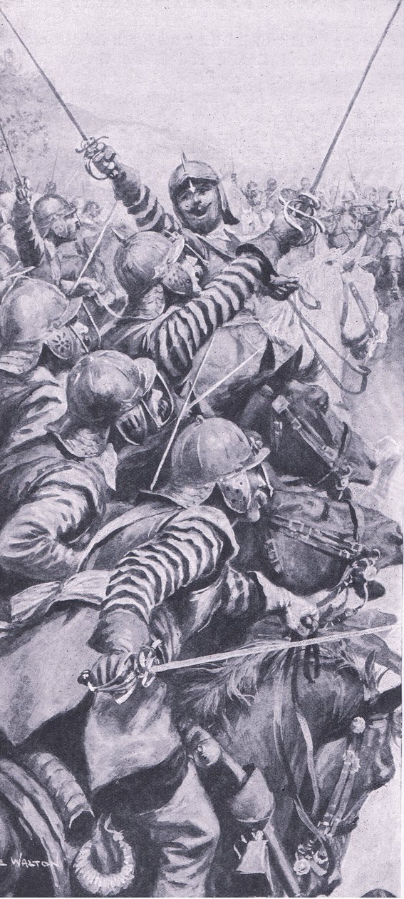 Kavaleriets engagement i slaget ved Edgehill, 23. oktober 1642, illustration fra British Battles on Land and Sea, 1915 af John de Walton