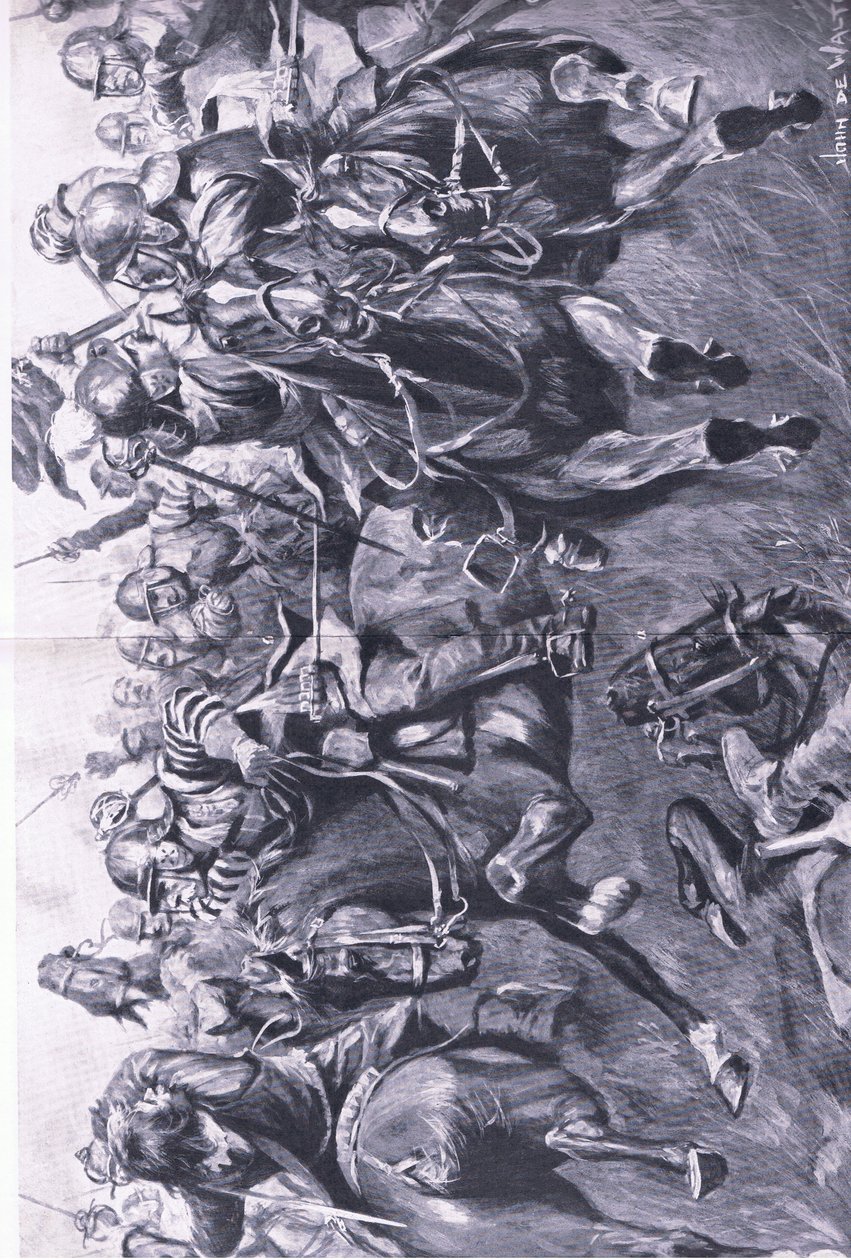 Marston Moor, 2. juli 1644: Det skotske kavaleri under Leslie, angriber prins Ruperts flanke, illustration fra britiske slag på land og hav, 1915 af John de Walton