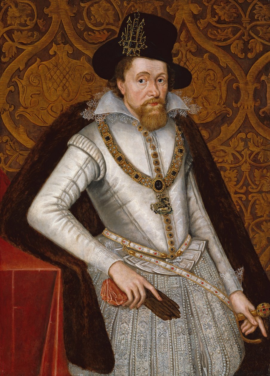 King James VI og I, ca. 1605 (olie på panel) af John de the Elder Critz