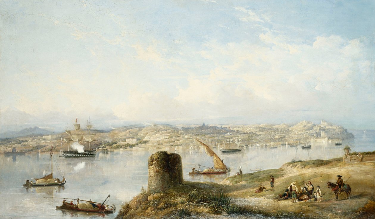 En omfattende udsigt over Lissabon på floden Tejo med Praca do Terreiro do Paco, den gamle katedral og Castelo de S. Jorge af John or Giovanni Schranz