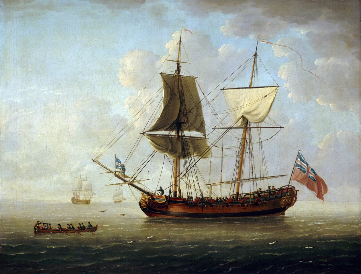 En britisk brigantine med det røde flag og Union Jack på et roligt hav. Olie på lærred af John the Elder Cleveley