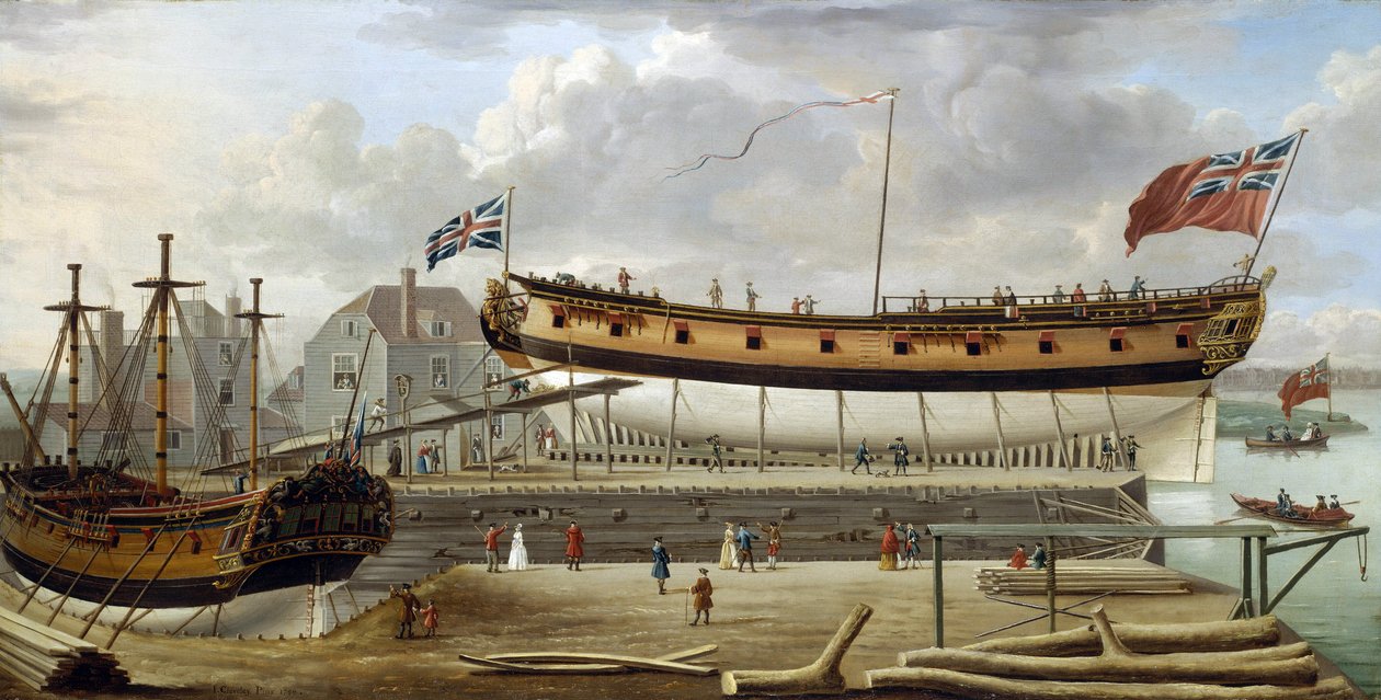 Et skib af sjette rang (sjette rang), et britisk krigsskib fra Royal Navy, i tørdok, skibsværftet er sandsynligvis det i Rotherhite, på Themsens sydlige bred (England) af John the Elder Cleveley