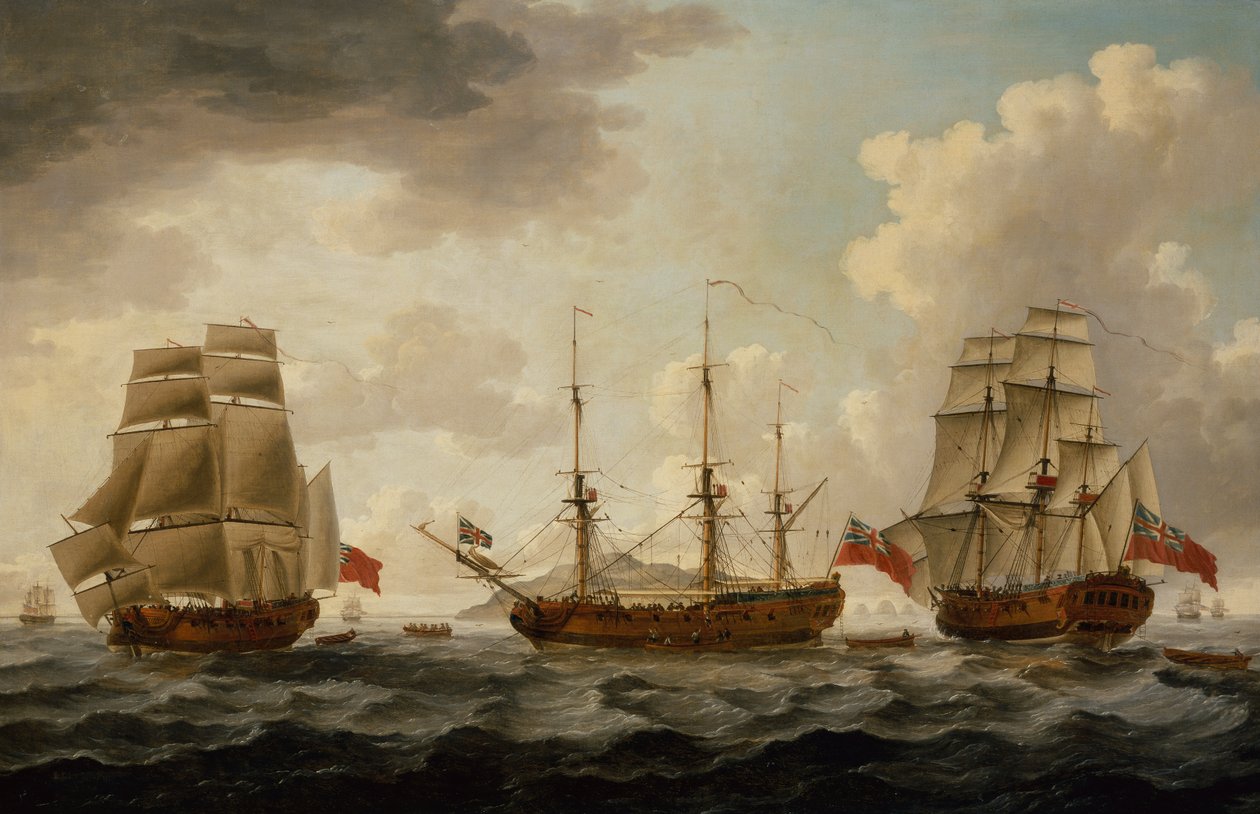 H.M.S. Tyrall i tre positioner ud for Antigua af John the Younger Cleveley