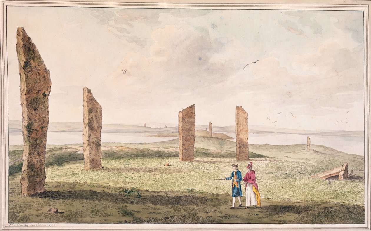 Udsigt over en halvcirkel af sten på bredden af Stenhouse-søen på øen Pomona af John the Younger Cleveley
