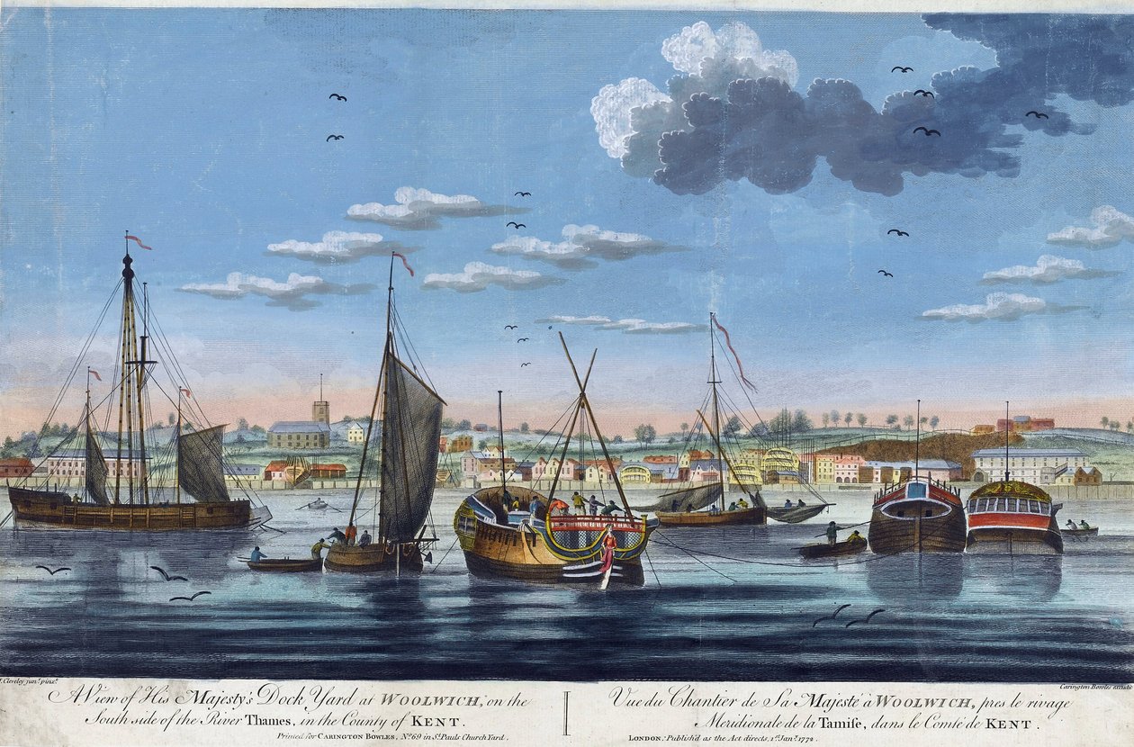 Udsigt over den kongelige havn i Woolwich, på Themsens venstre bred (England), i grevskabet Kent. Radering i farver af John Clevely the Younger (1747-1786) af John the Younger Cleveley