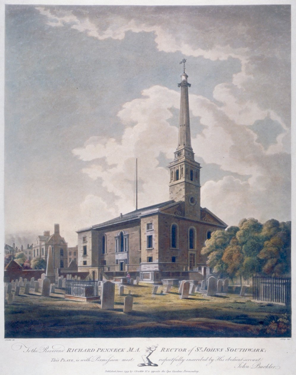 Udsigt over Church of St John Horsleydown, Bermondsey, London, 1799. af John william Edy
