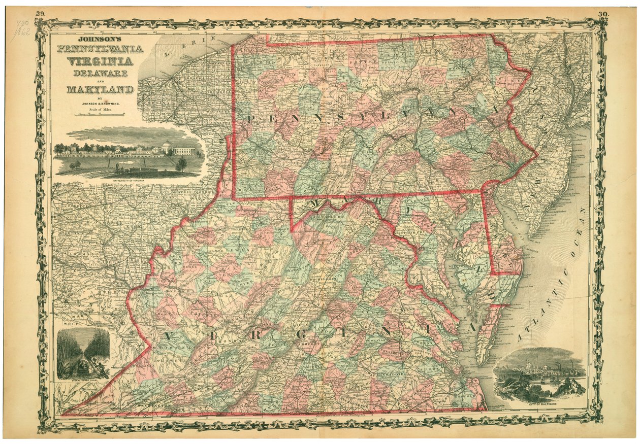 University of Virginia, Dismal Swamp og City of Baltimore. Tallerken 29-30. Relief vist ved hachures. af Johnson and Browning