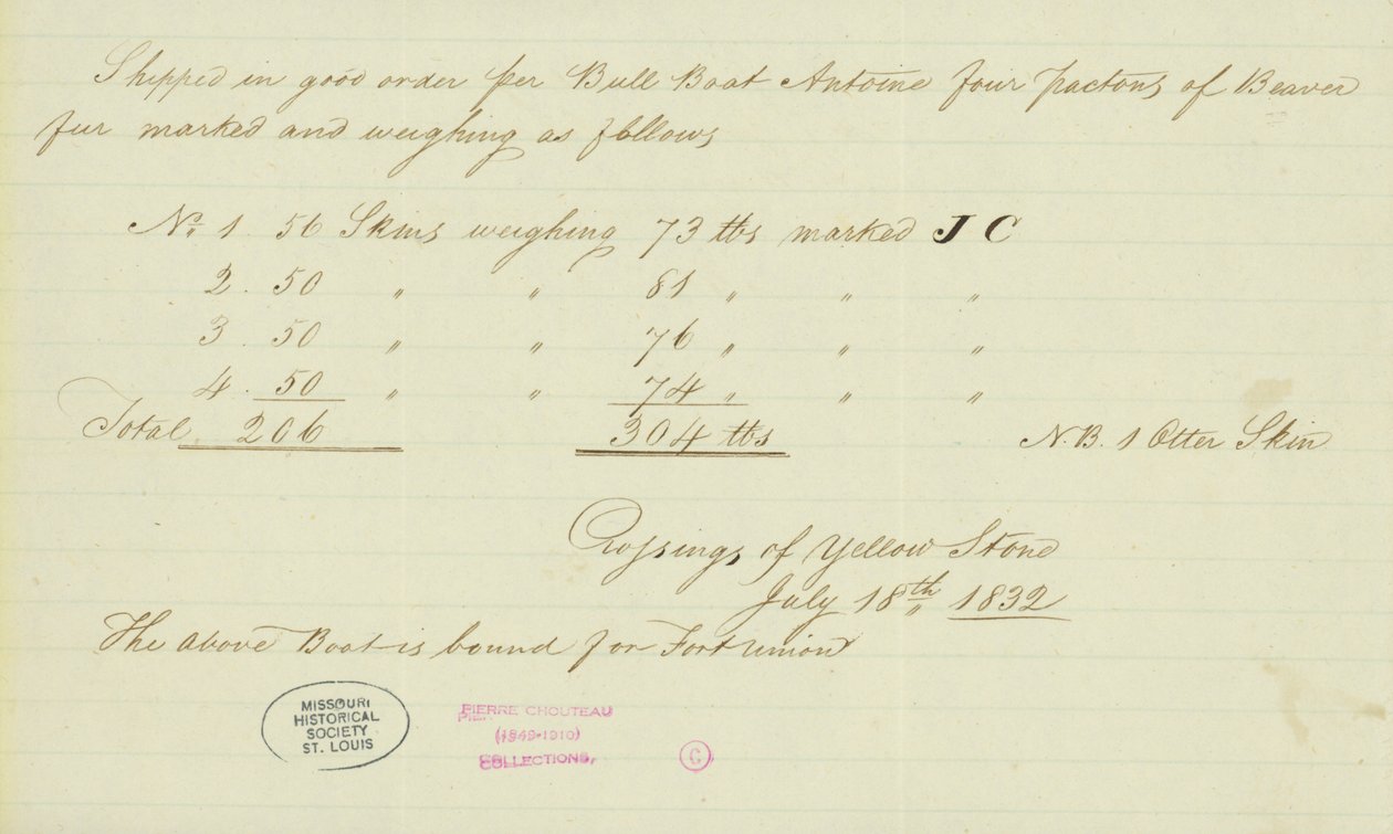 Notat af Johnson Gardner, Crossings of Yellow Stone, 18. juli 1832 af Johnson Gardner