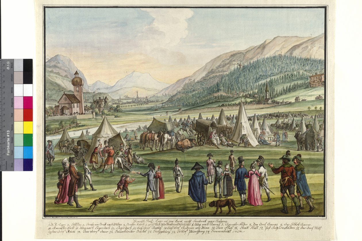 Kejserlig russisk lejr på Neurauth ved Innsbruck 1799 (akvarel) af Jokob Placidus Altmutter