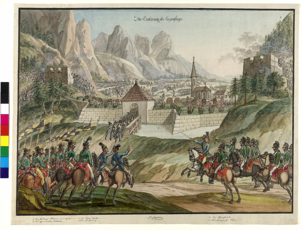 De østrigske troppers erobring af Luziensteig 1799 (akvarel) af Jokob Placidus Altmutter