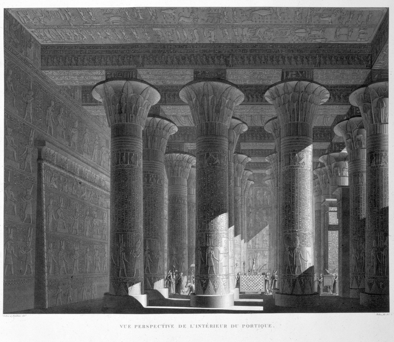 Perspektiv af portikoens indre, Esne (Latopolis) plade 83 fra bind I af `Descriptions of Egypt`, indgraveret af Sellier, 1822 (akvatinte) af Jollois and Devilliers