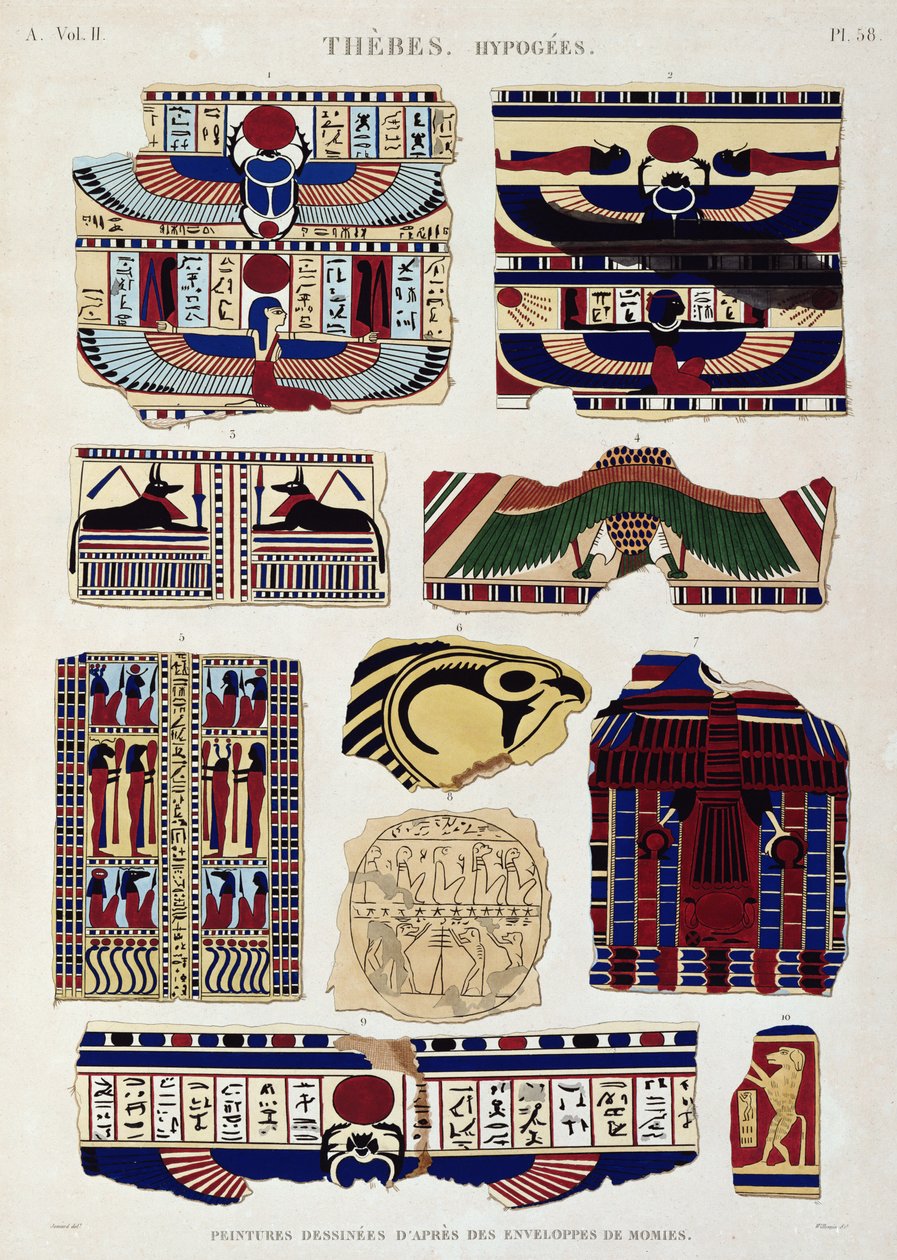 Illustrationer af malede mønstre fra mumiernes indpakninger, Hypogees, Theben, planche 58 fra bind II af "Beskrivelser af Egypten", graveret af Willemin, 1822 (akvaratint) af Jomard