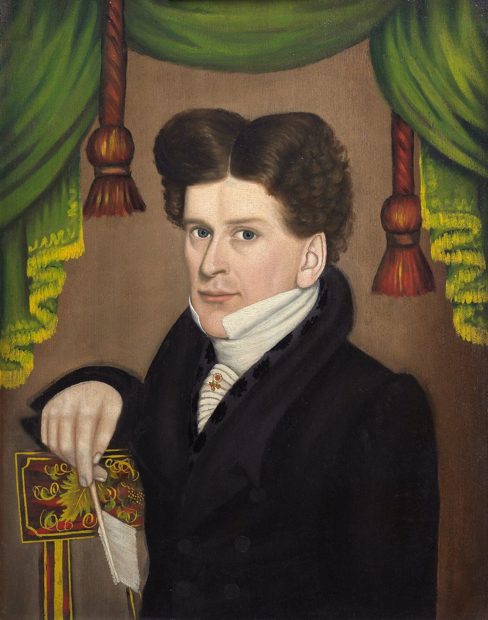 Mand med pen, ca. 1827-30 (olie på panel) af Jonas Welch Holman