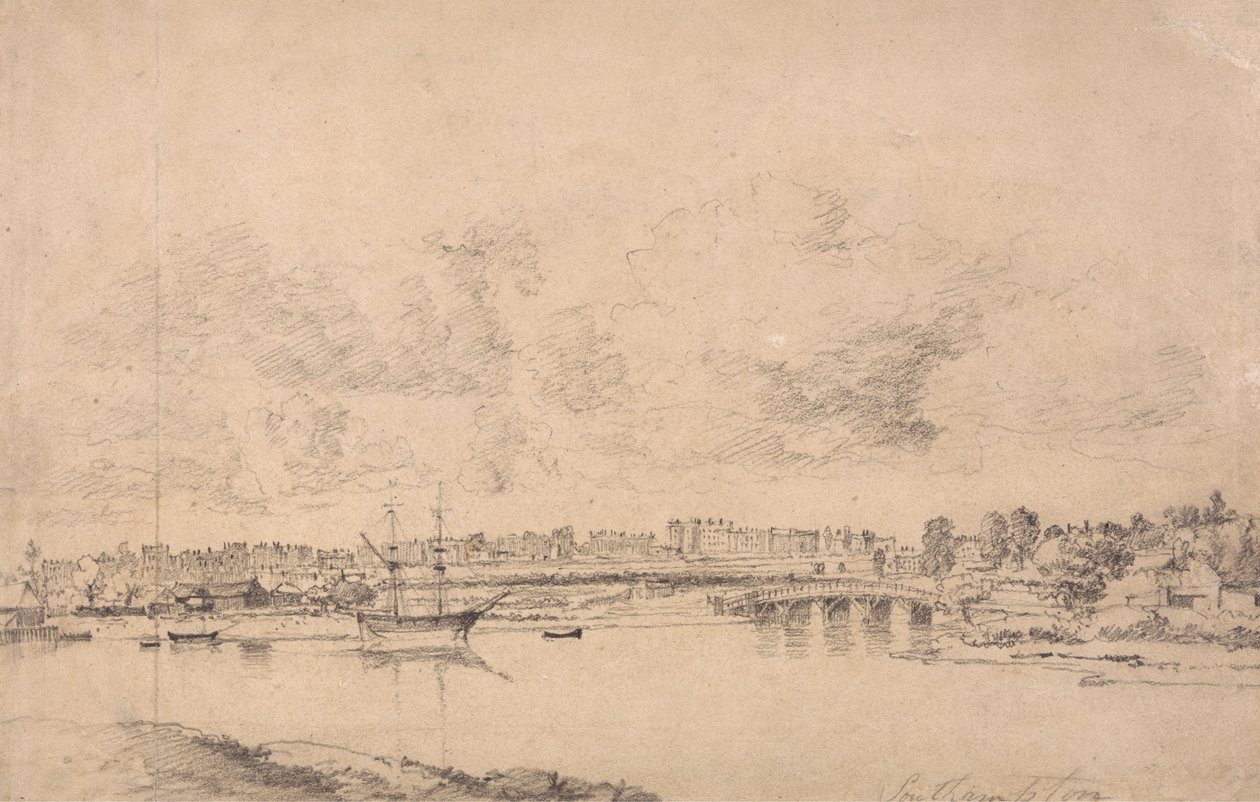 Southampton og Northam fra floden Itchen (grafit på medium, let tekstureret, blåt hvidt vævet papir lagt til medium, moderat tekstureret, beige vævet papir) af Jonathan Fisher