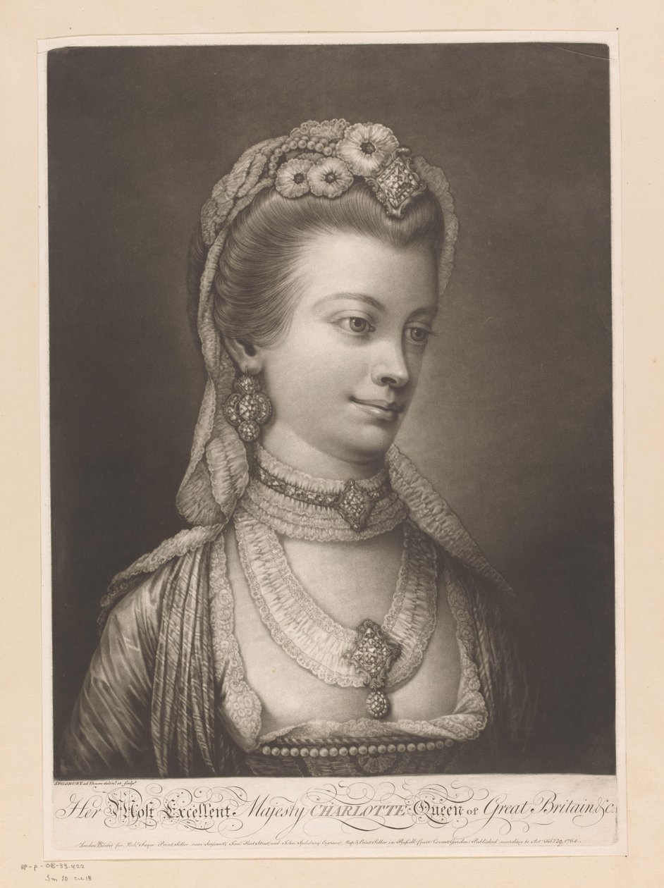 Portret af Charlotte van Mecklenburg Hendes Mest Fremragende Majestæt Charlotte Dronning af Storbritannien osv. (titel på objekt) af Jonathan Spilsbury