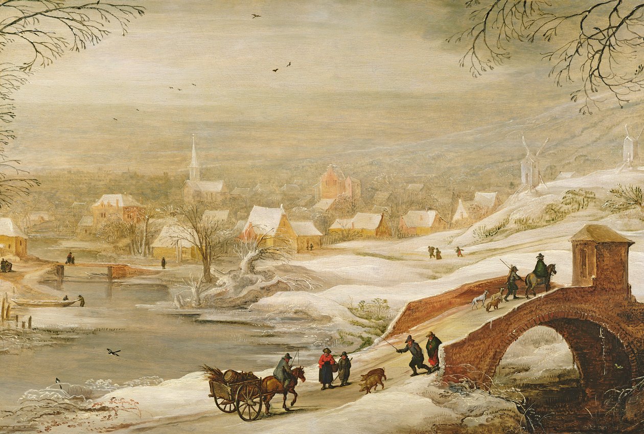Et vinterflodlandskab med rejsende på en bro og en by i det fjerne, slutningen af 1720