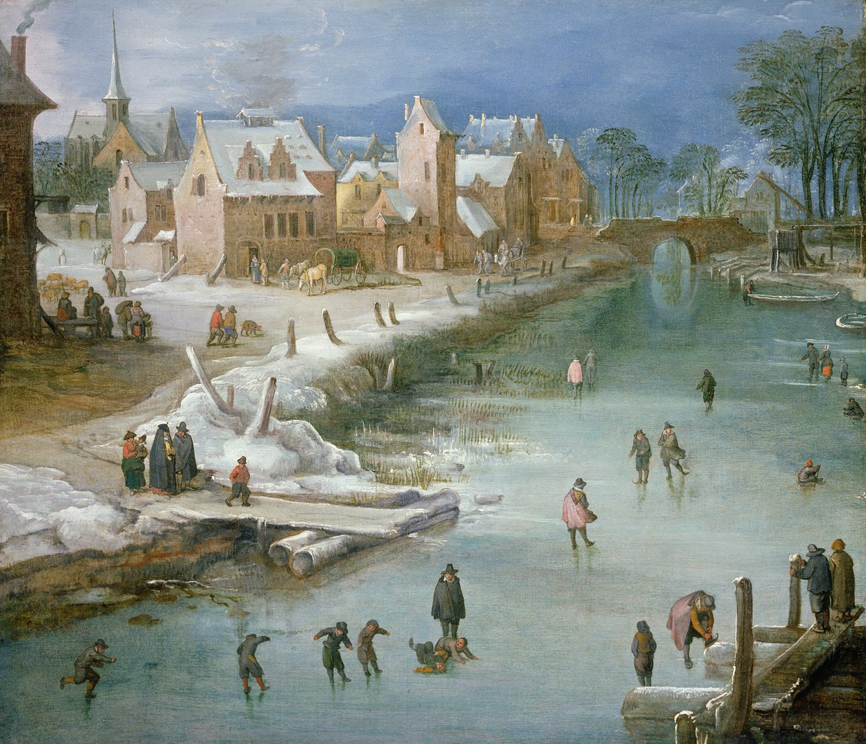 Skatere på en frossen flod ved siden af en by af Joos or Josse de Momper