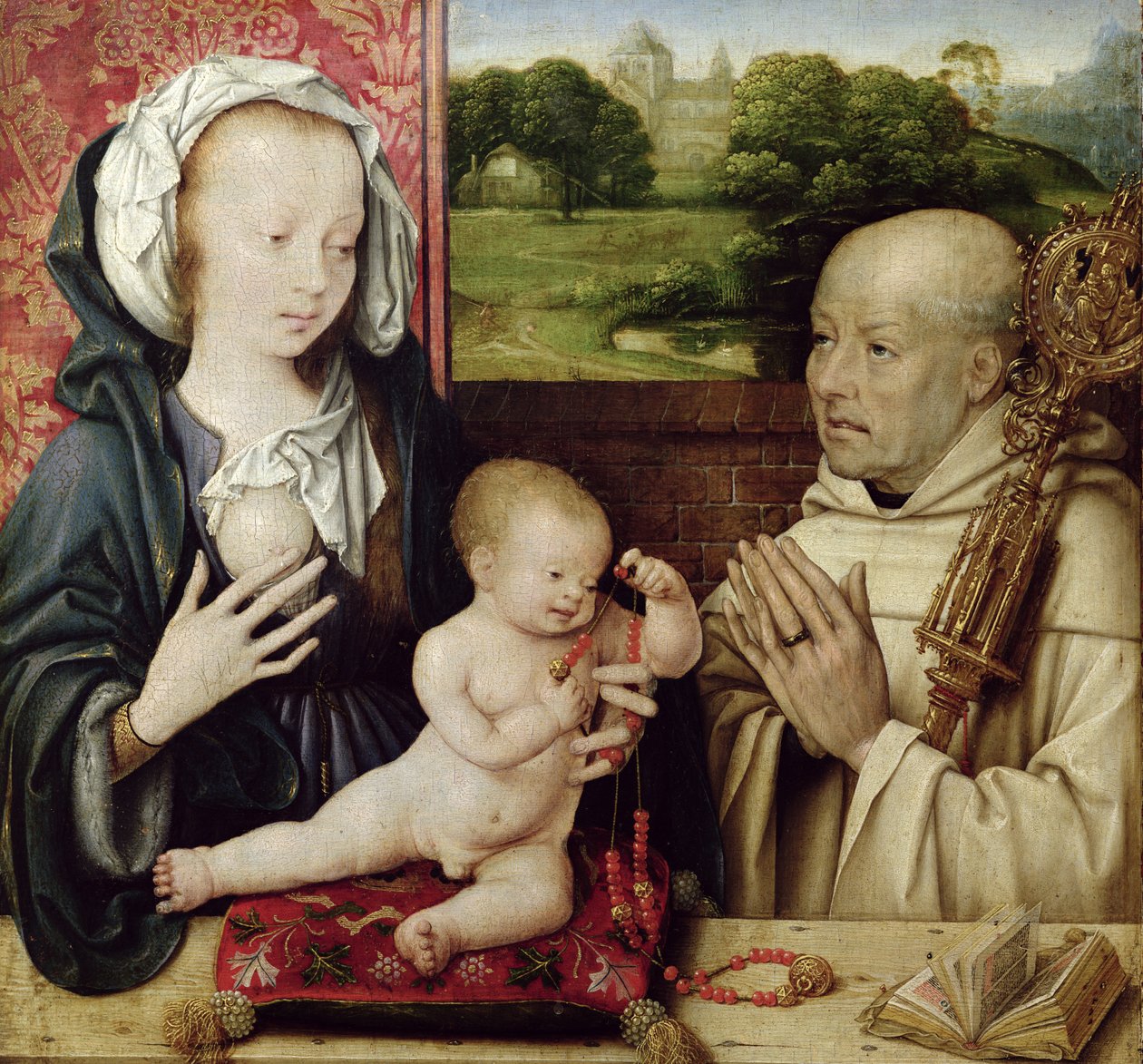 Jomfruen og barnet tilbedt af St. Bernard olie på paneldetalje fra 15955 af Joos van Cleve