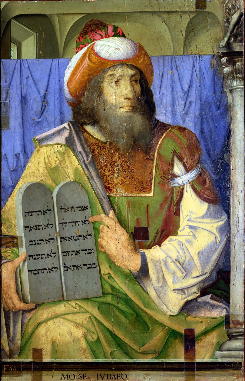 Moses med de ti bud, fra en række portrætter af berømte mænd (panel) (detaljer) (se 80418) af Joos van Gent