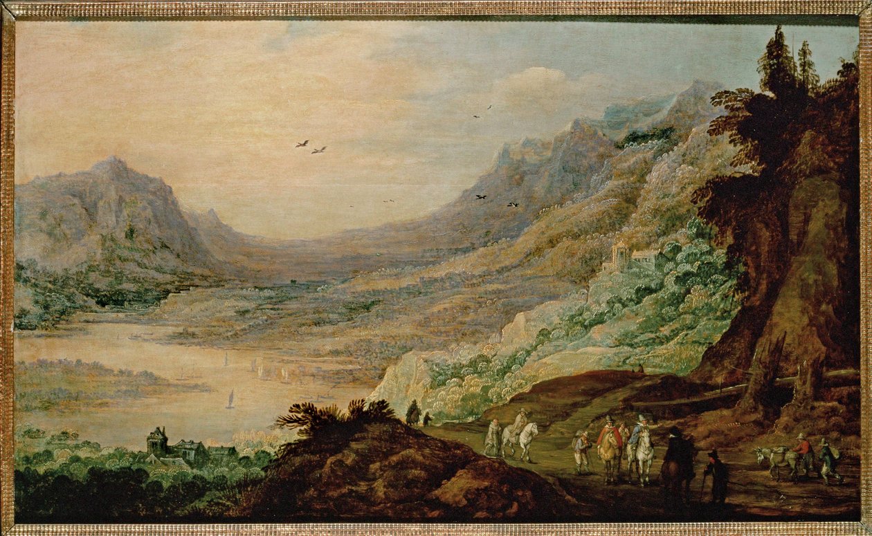 Landskab med floddal ... (olie på egetræ) af Joos de (follower of) Momper