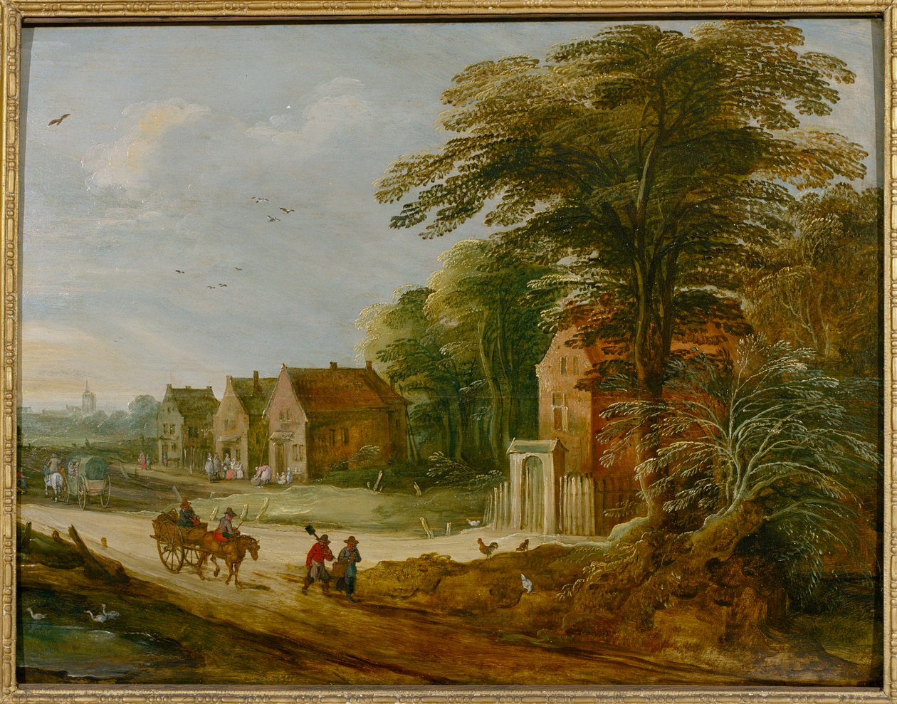 Rejsende, der passerer gennem en landsby (olie på panel) af Joos de (studio of) Momper