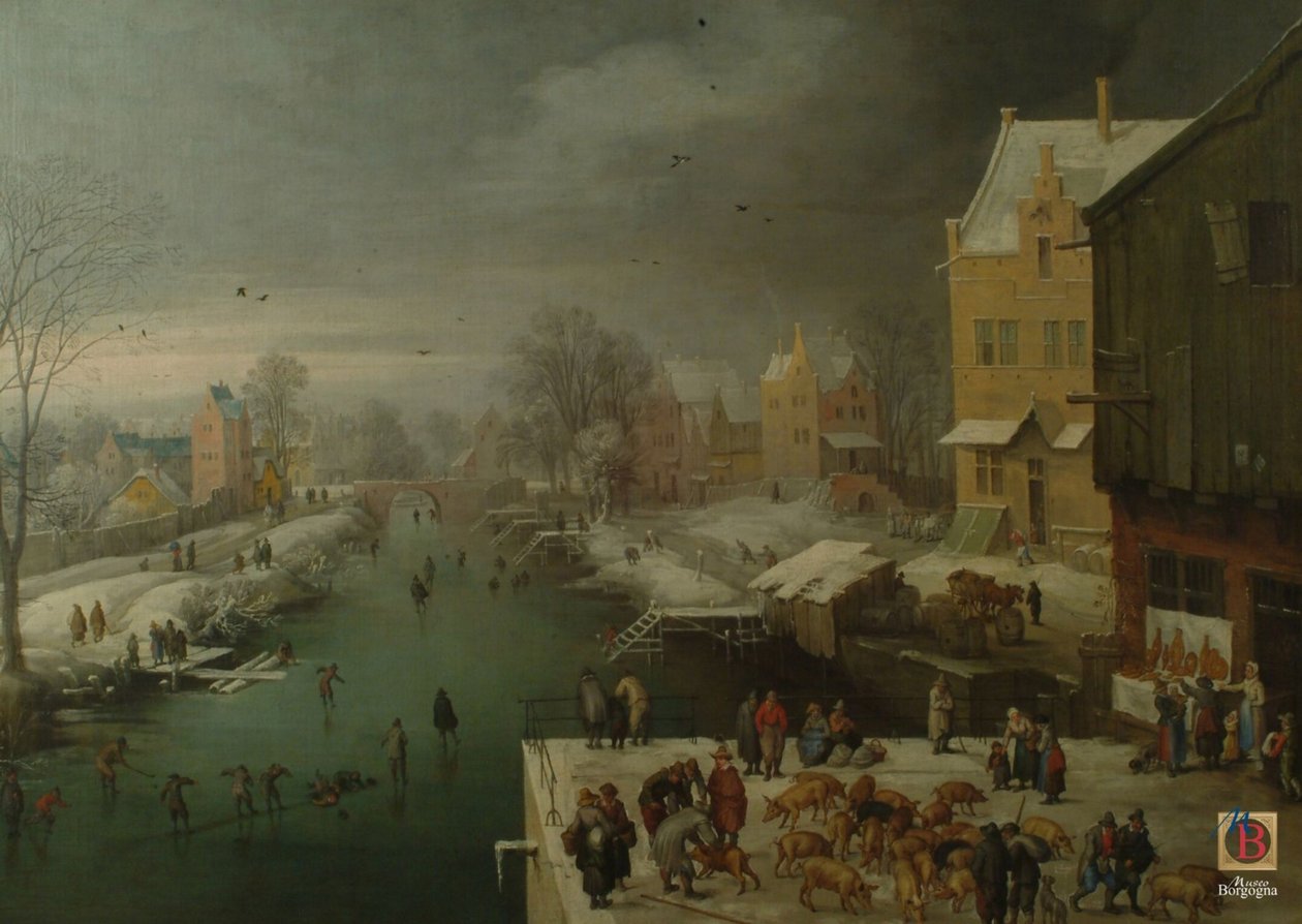 Vinterlandskab med skøjteløbere og grisemarked af Joos de Momper the younger