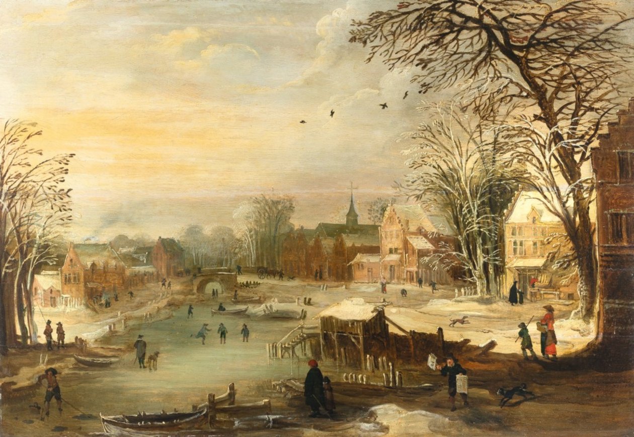 Vinterlandsbylandskab ved en frossen flod af Joos de Momper the younger